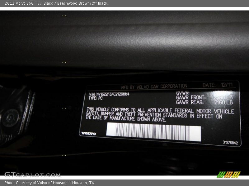 Black / Beechwood Brown/Off Black 2012 Volvo S60 T5