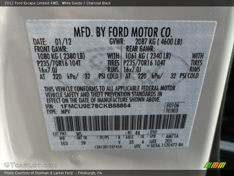 White Suede / Charcoal Black 2012 Ford Escape Limited 4WD