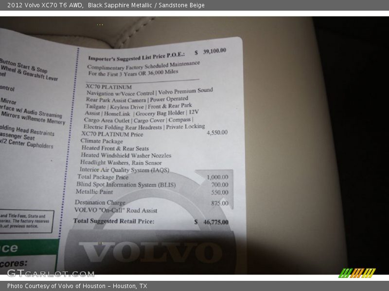 Black Sapphire Metallic / Sandstone Beige 2012 Volvo XC70 T6 AWD