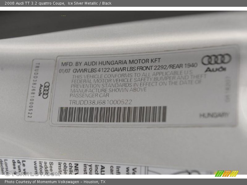 Ice Silver Metallic / Black 2008 Audi TT 3.2 quattro Coupe