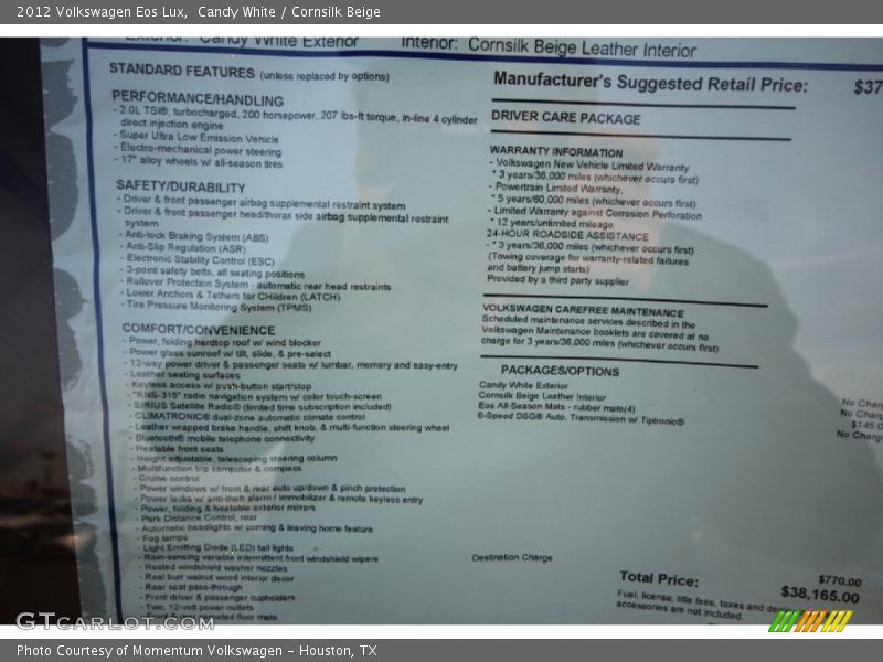 Candy White / Cornsilk Beige 2012 Volkswagen Eos Lux