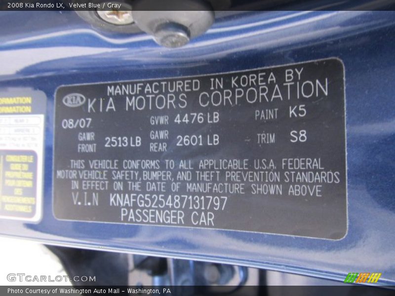 Velvet Blue / Gray 2008 Kia Rondo LX