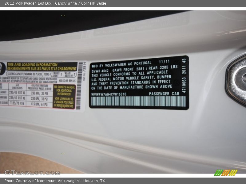 Candy White / Cornsilk Beige 2012 Volkswagen Eos Lux
