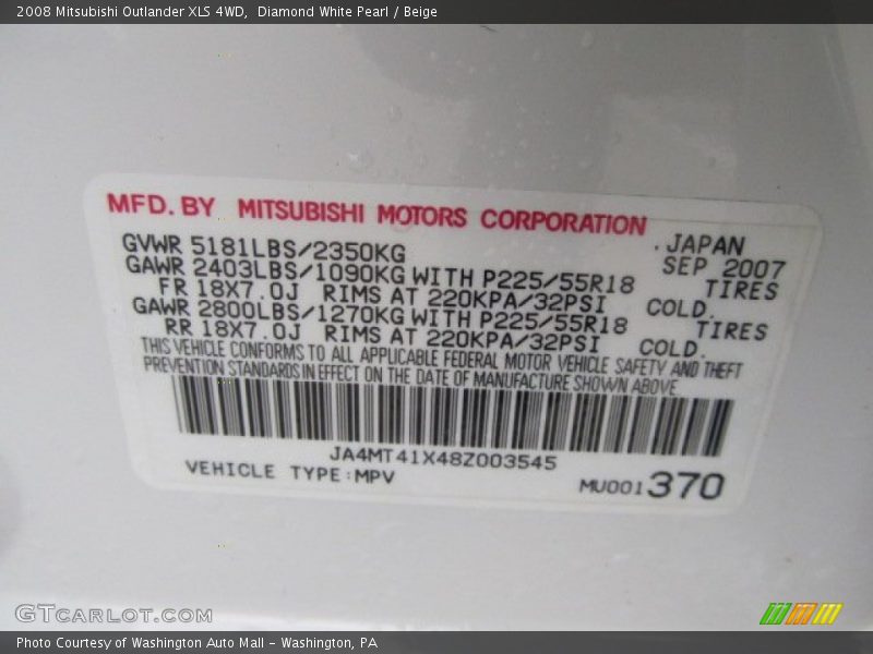 Diamond White Pearl / Beige 2008 Mitsubishi Outlander XLS 4WD
