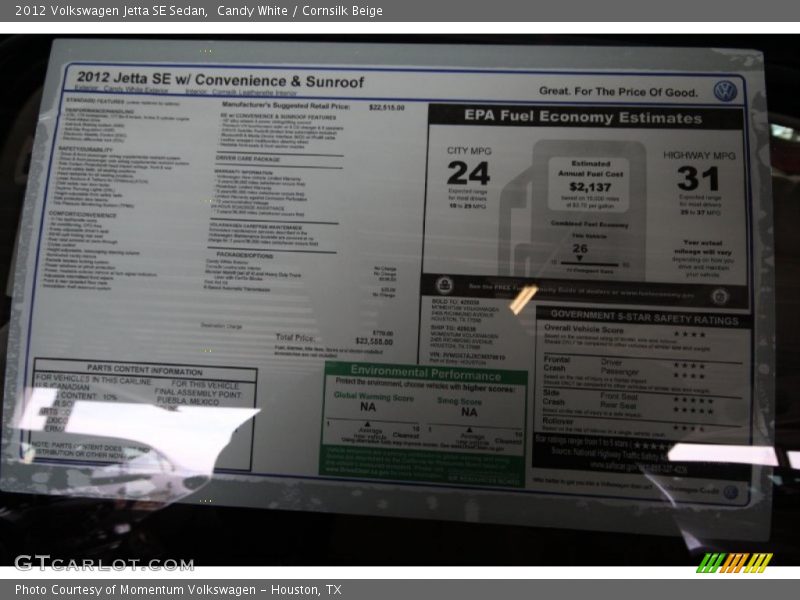 Candy White / Cornsilk Beige 2012 Volkswagen Jetta SE Sedan