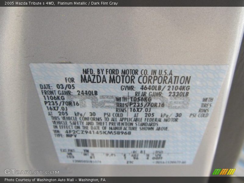 Platinum Metallic / Dark Flint Gray 2005 Mazda Tribute s 4WD