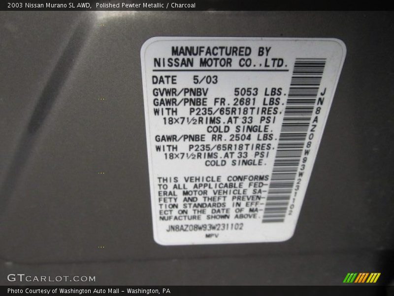 Polished Pewter Metallic / Charcoal 2003 Nissan Murano SL AWD