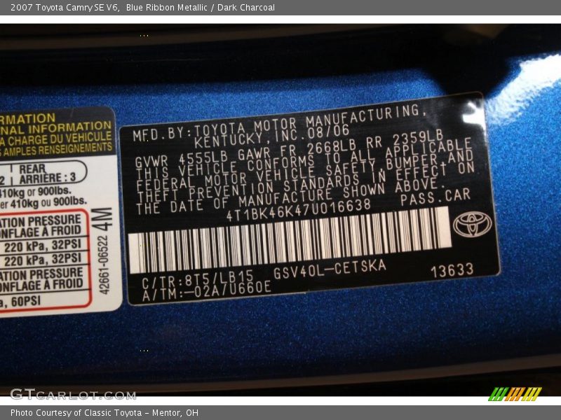 Blue Ribbon Metallic / Dark Charcoal 2007 Toyota Camry SE V6