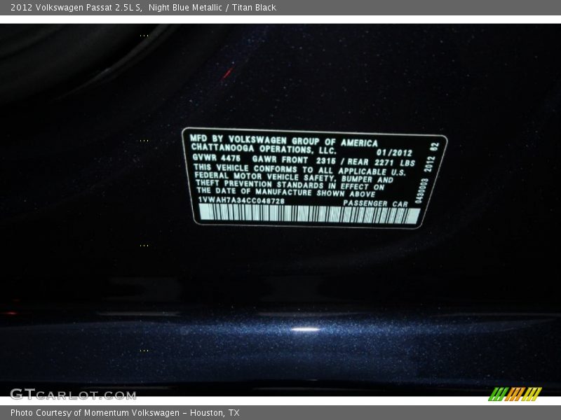 Night Blue Metallic / Titan Black 2012 Volkswagen Passat 2.5L S
