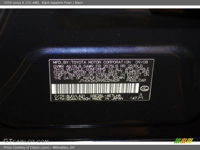 2009 IS 250 AWD Black Sapphire Pearl Color Code 8U0