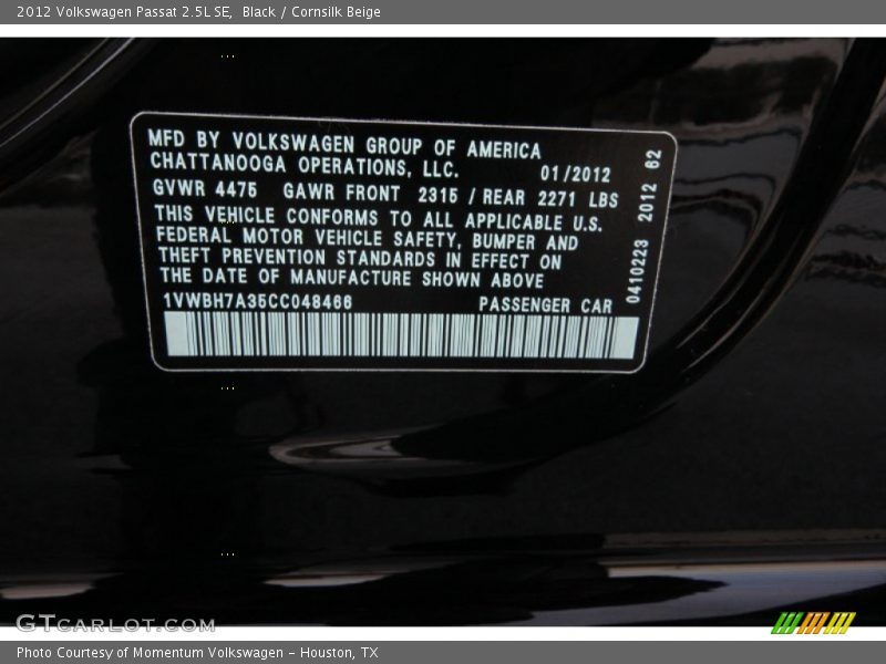 Black / Cornsilk Beige 2012 Volkswagen Passat 2.5L SE