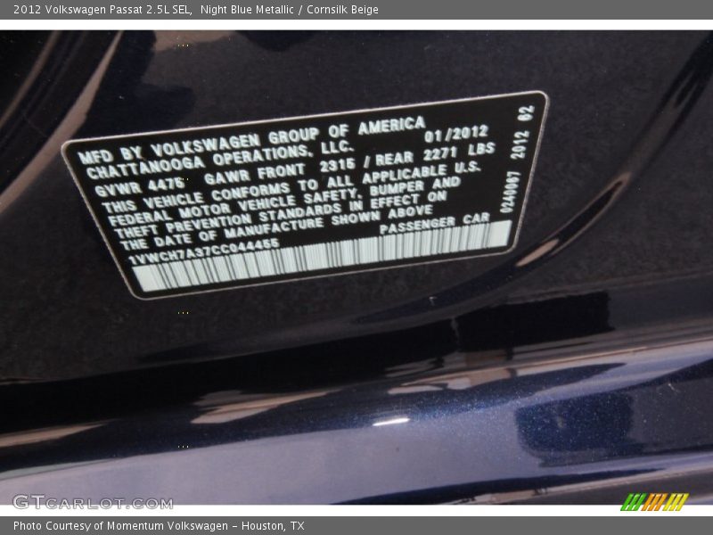 Night Blue Metallic / Cornsilk Beige 2012 Volkswagen Passat 2.5L SEL