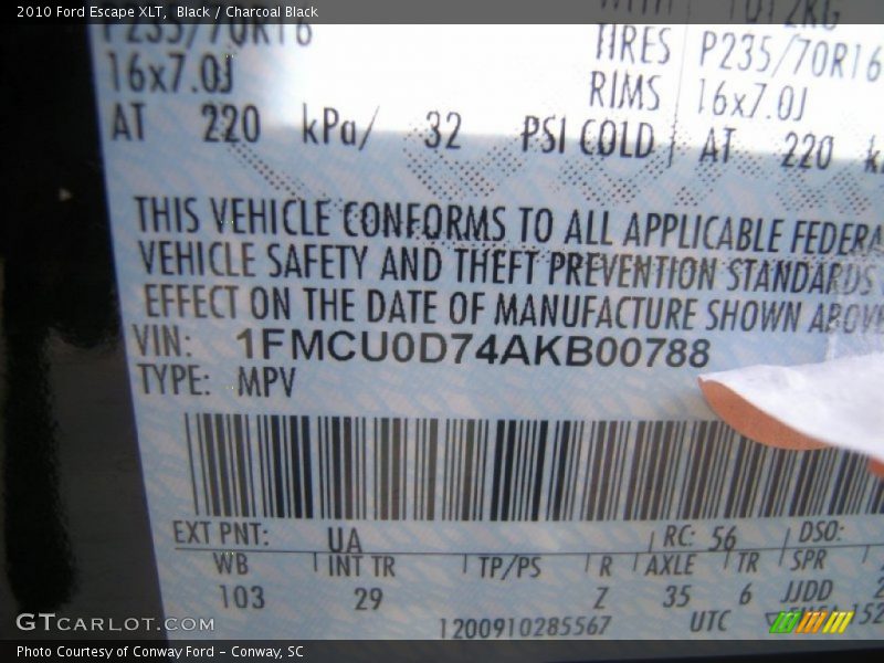 Black / Charcoal Black 2010 Ford Escape XLT