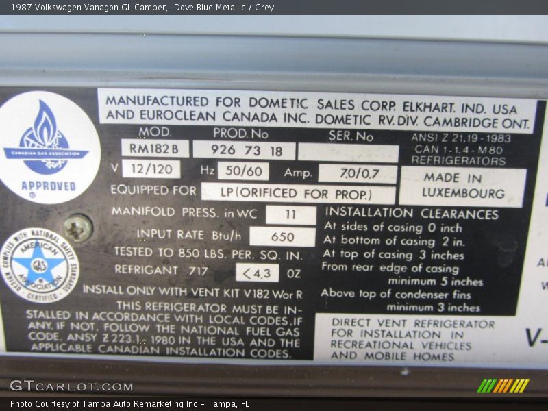 Info Tag of 1987 Vanagon GL Camper
