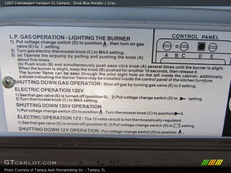 Info Tag of 1987 Vanagon GL Camper