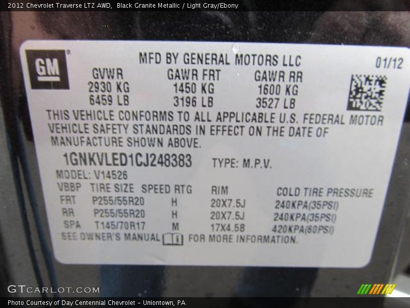 Black Granite Metallic / Light Gray/Ebony 2012 Chevrolet Traverse LTZ AWD