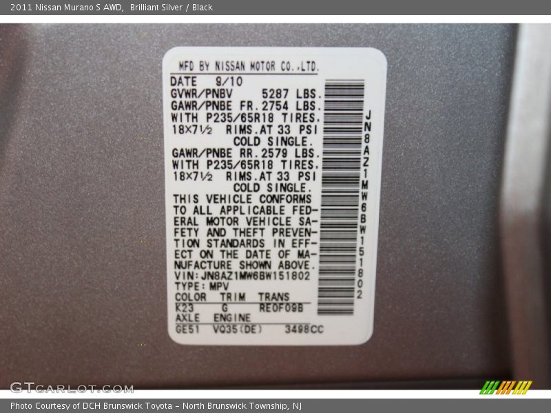 Brilliant Silver / Black 2011 Nissan Murano S AWD