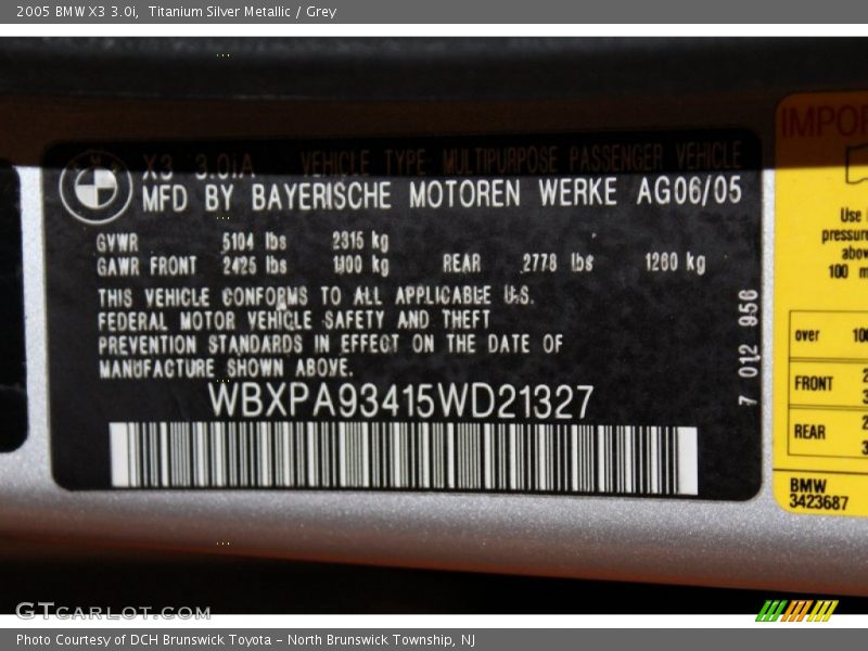 Titanium Silver Metallic / Grey 2005 BMW X3 3.0i