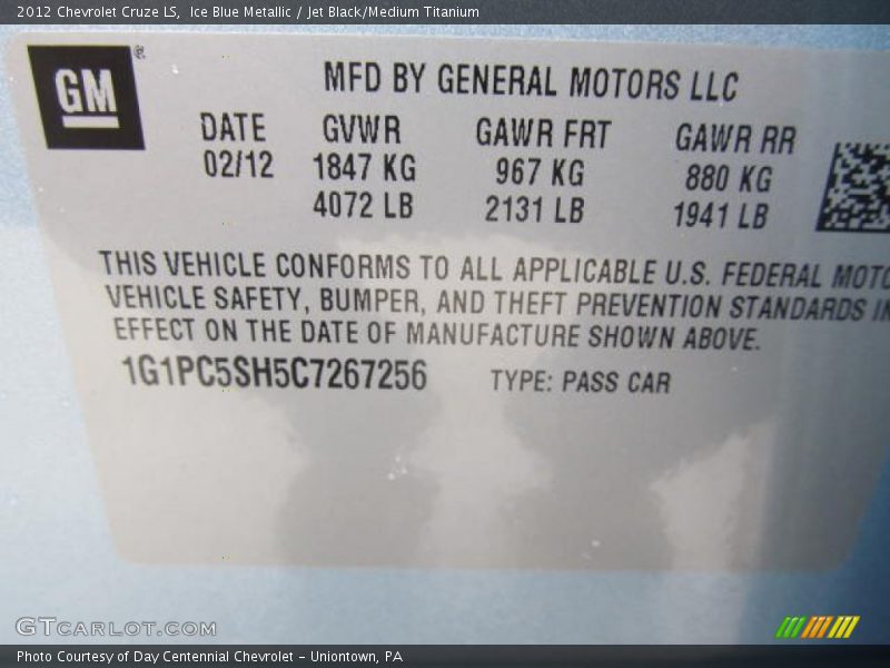 Ice Blue Metallic / Jet Black/Medium Titanium 2012 Chevrolet Cruze LS