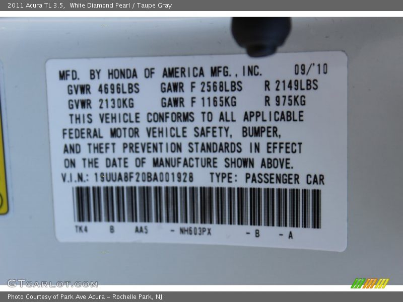 White Diamond Pearl / Taupe Gray 2011 Acura TL 3.5
