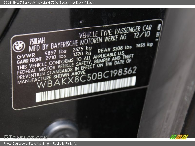 Info Tag of 2011 7 Series ActiveHybrid 750Li Sedan