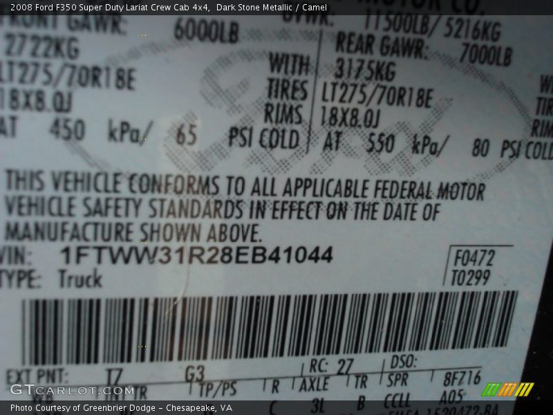 2008 F350 Super Duty Lariat Crew Cab 4x4 Dark Stone Metallic Color Code T7
