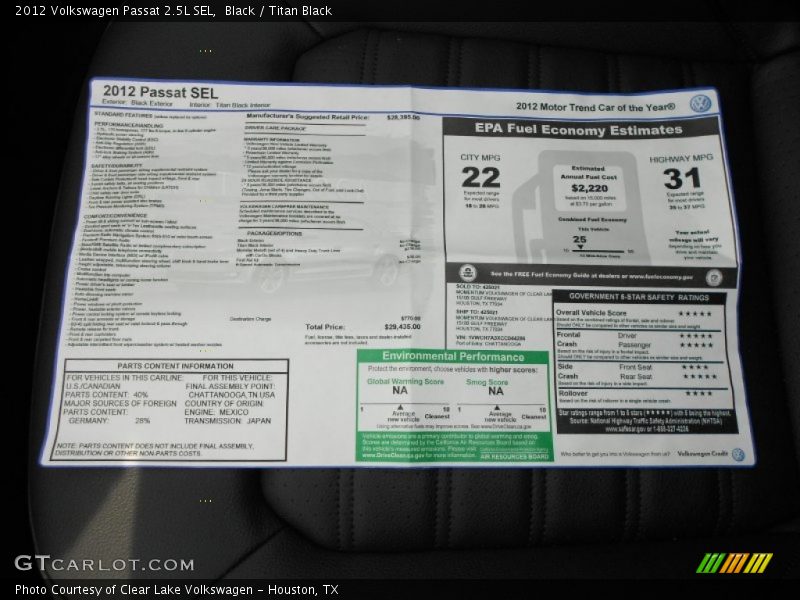 Black / Titan Black 2012 Volkswagen Passat 2.5L SEL