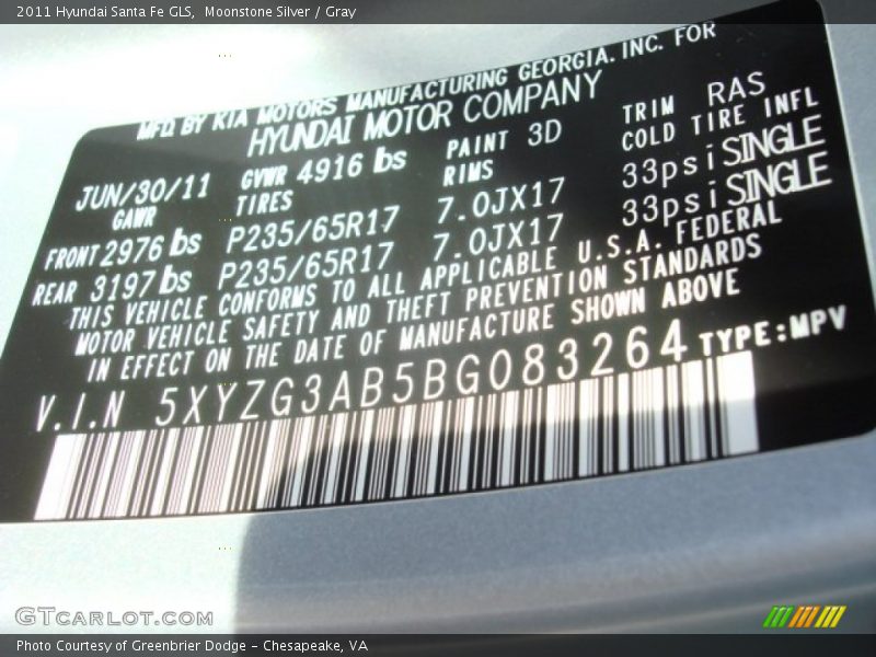 Moonstone Silver / Gray 2011 Hyundai Santa Fe GLS