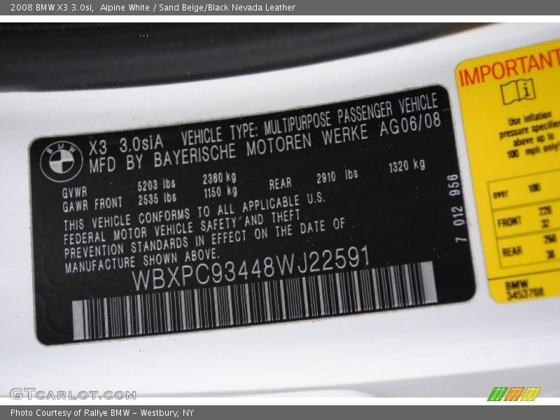 Alpine White / Sand Beige/Black Nevada Leather 2008 BMW X3 3.0si
