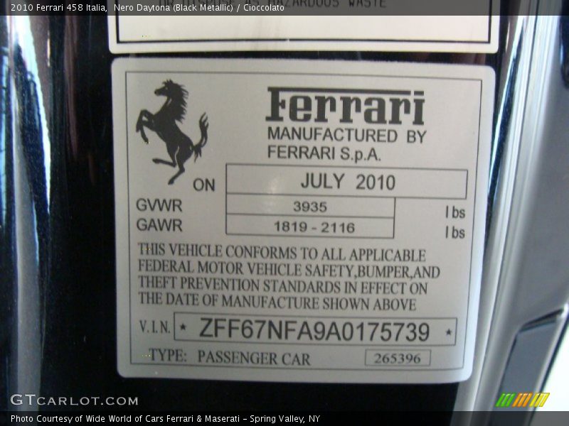 Info Tag of 2010 458 Italia