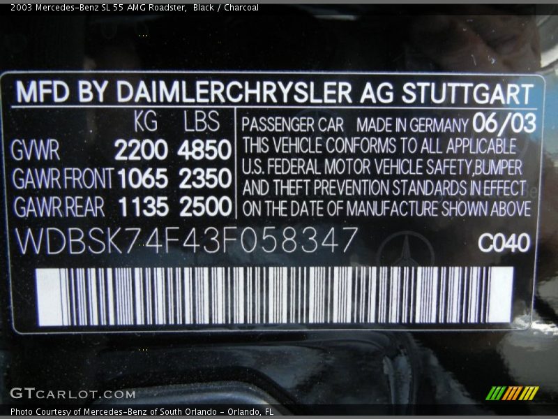 2003 SL 55 AMG Roadster Black Color Code 040