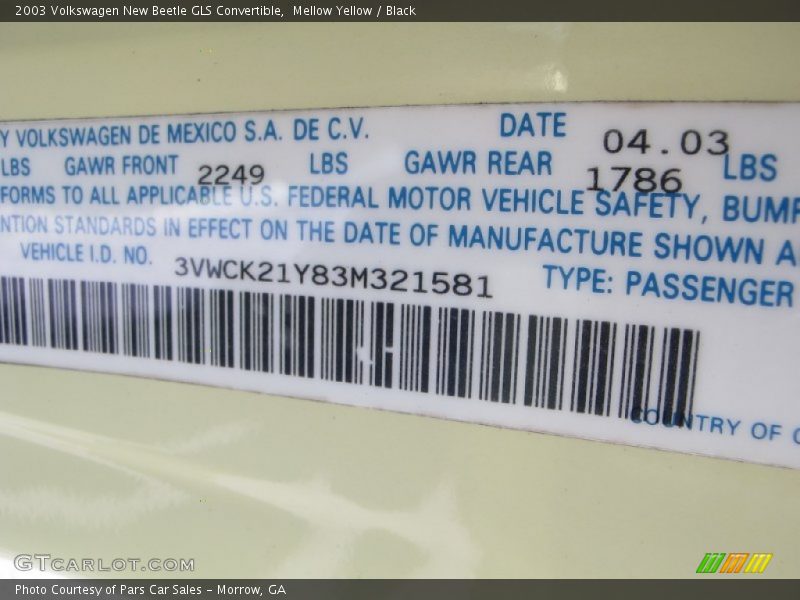 Mellow Yellow / Black 2003 Volkswagen New Beetle GLS Convertible