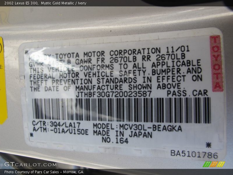 Mystic Gold Metallic / Ivory 2002 Lexus ES 300