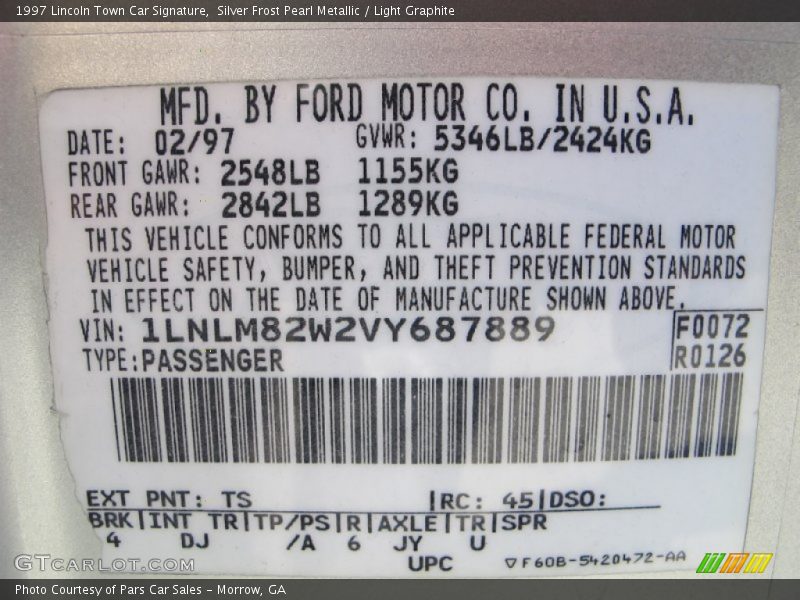 1997 Town Car Signature Silver Frost Pearl Metallic Color Code TS