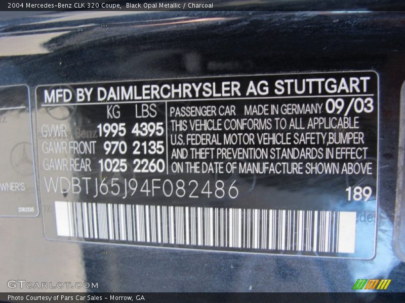 2004 CLK 320 Coupe Black Opal Metallic Color Code 189