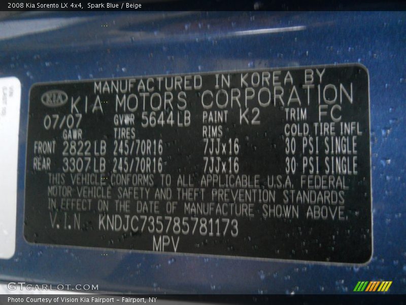 Spark Blue / Beige 2008 Kia Sorento LX 4x4