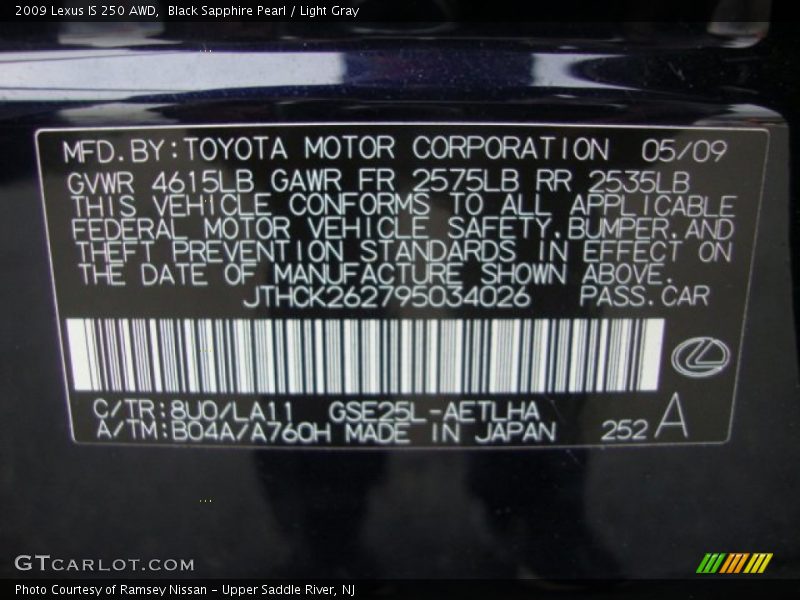 2009 IS 250 AWD Black Sapphire Pearl Color Code 8U0