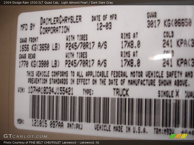 2004 Ram 1500 SLT Quad Cab Light Almond Pearl Color Code PKJ