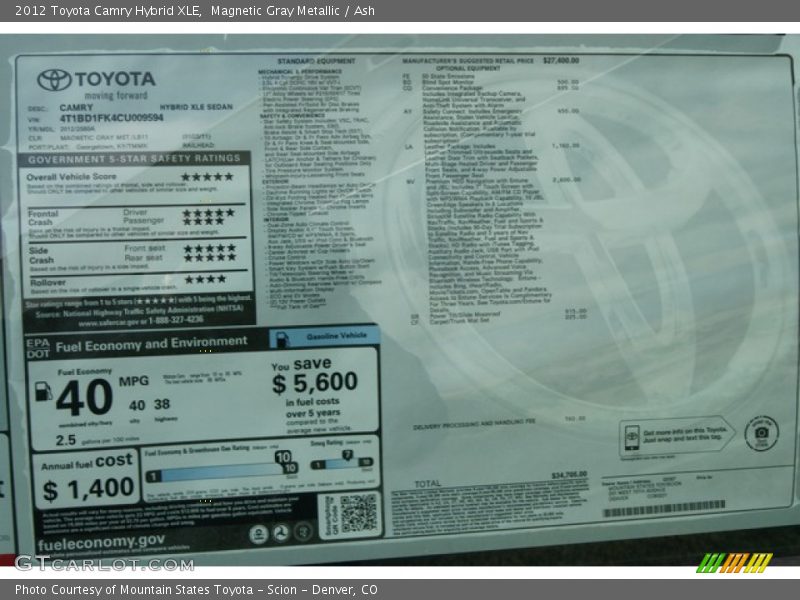 Magnetic Gray Metallic / Ash 2012 Toyota Camry Hybrid XLE