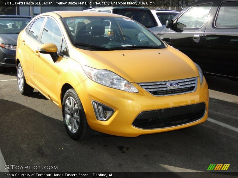 Yellow Blaze Metallic Tri-Coat / Charcoal Black/Blue Cloth 2011 Ford Fiesta SEL Sedan