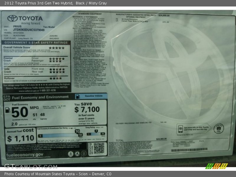  2012 Prius 3rd Gen Two Hybrid Window Sticker