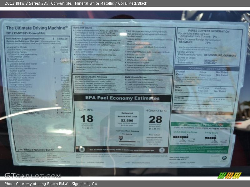 Mineral White Metallic / Coral Red/Black 2012 BMW 3 Series 335i Convertible