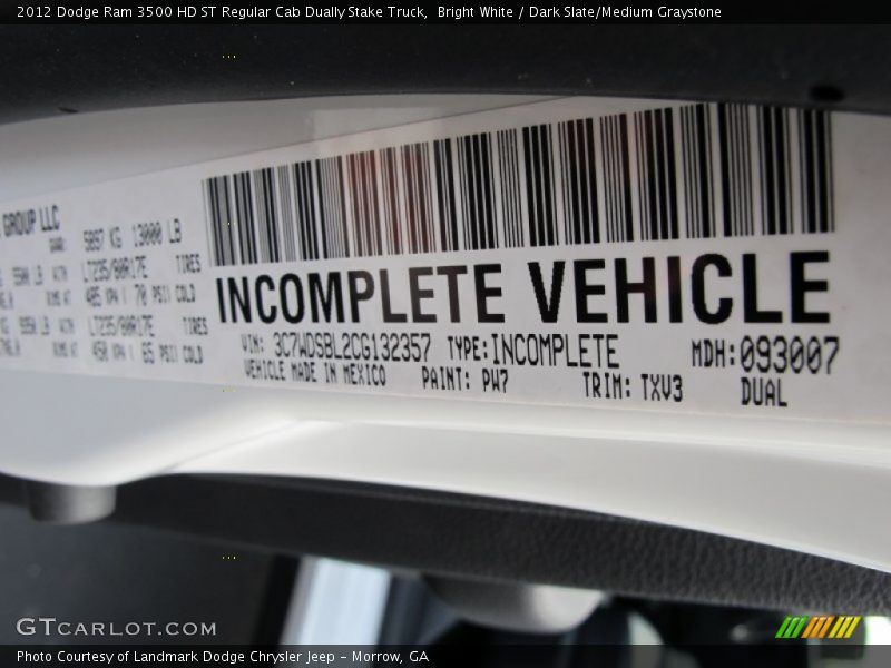 Info Tag of 2012 Ram 3500 HD ST Regular Cab Dually Stake Truck