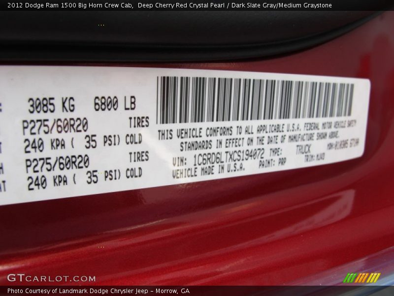 Deep Cherry Red Crystal Pearl / Dark Slate Gray/Medium Graystone 2012 Dodge Ram 1500 Big Horn Crew Cab