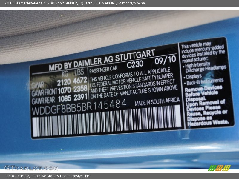 2011 C 300 Sport 4Matic Quartz Blue Metallic Color Code 230
