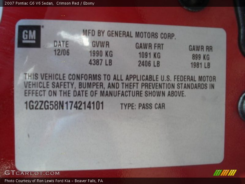Crimson Red / Ebony 2007 Pontiac G6 V6 Sedan