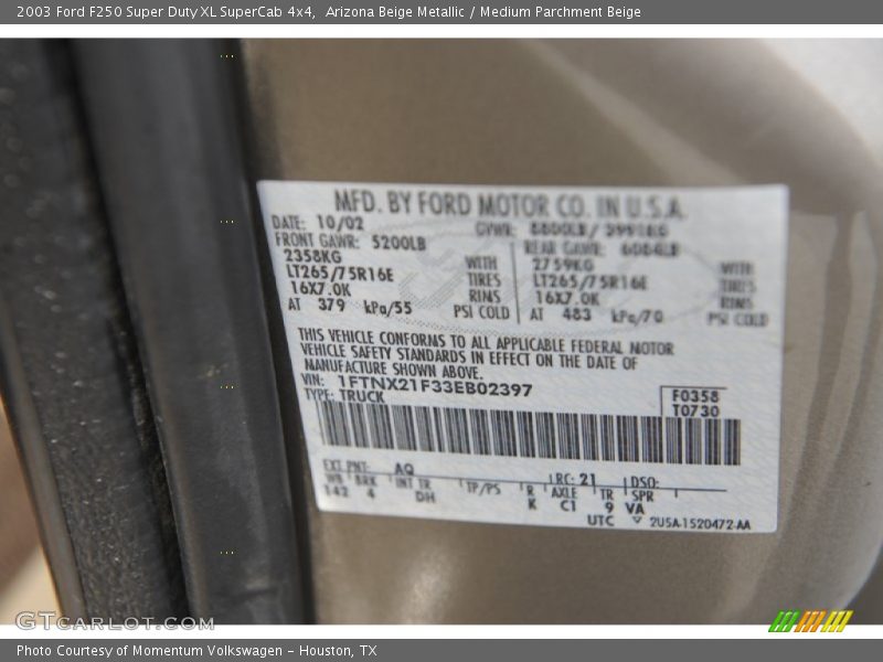 2003 F250 Super Duty XL SuperCab 4x4 Arizona Beige Metallic Color Code AQ