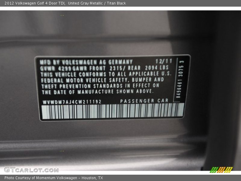 United Gray Metallic / Titan Black 2012 Volkswagen Golf 4 Door TDI
