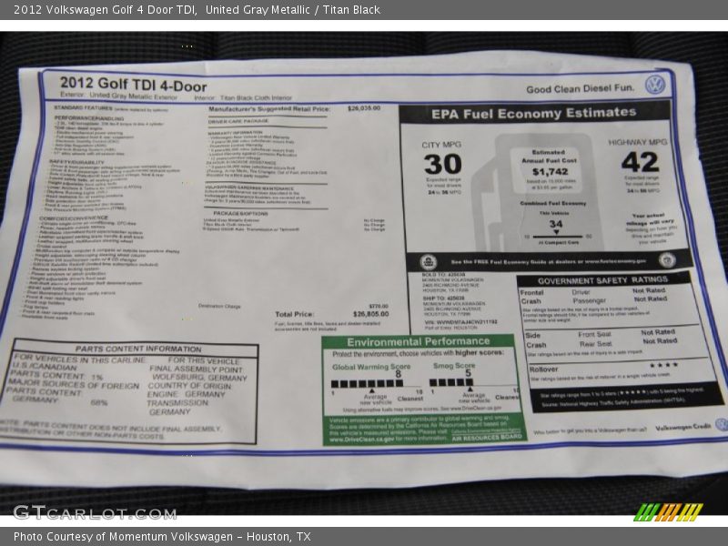 United Gray Metallic / Titan Black 2012 Volkswagen Golf 4 Door TDI