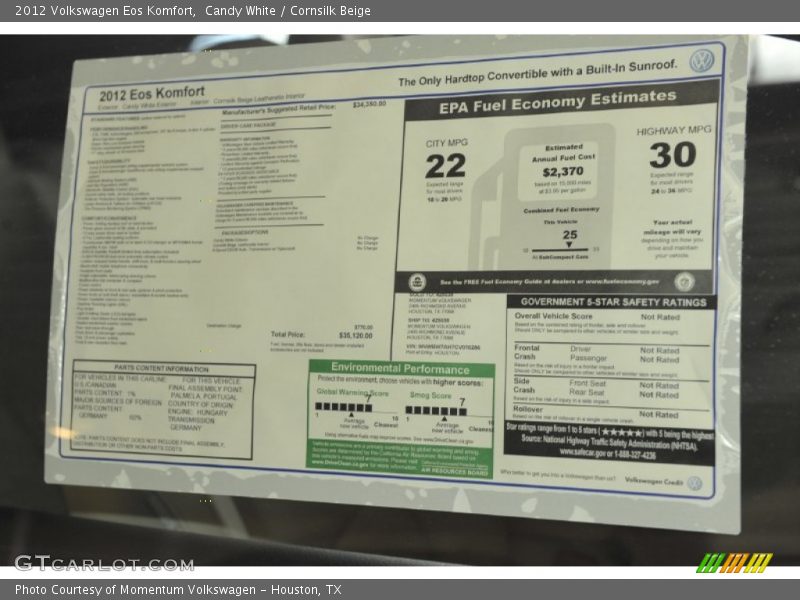 Candy White / Cornsilk Beige 2012 Volkswagen Eos Komfort
